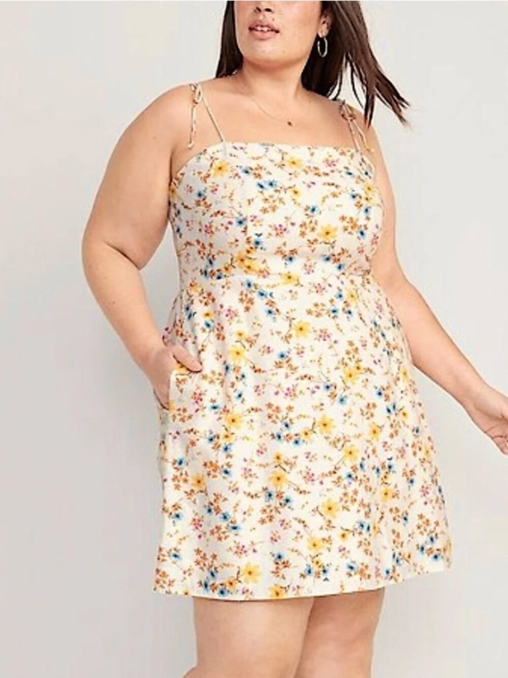 Fit & Flare Tie-Strap Linen-Blend Floral Mini Dress with Yellow Flowers